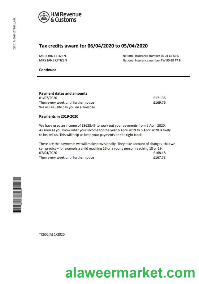 HM Revenua & Customs utility bill template in Word and PDF format